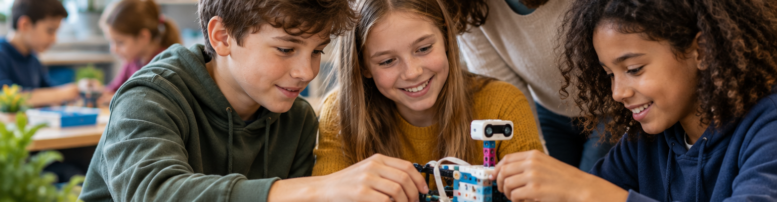 Nauczycielka i troje uczniów wspólnie budują edukacyjnego robota z kolorowych klocków przy stole w nowoczesnej klasie.