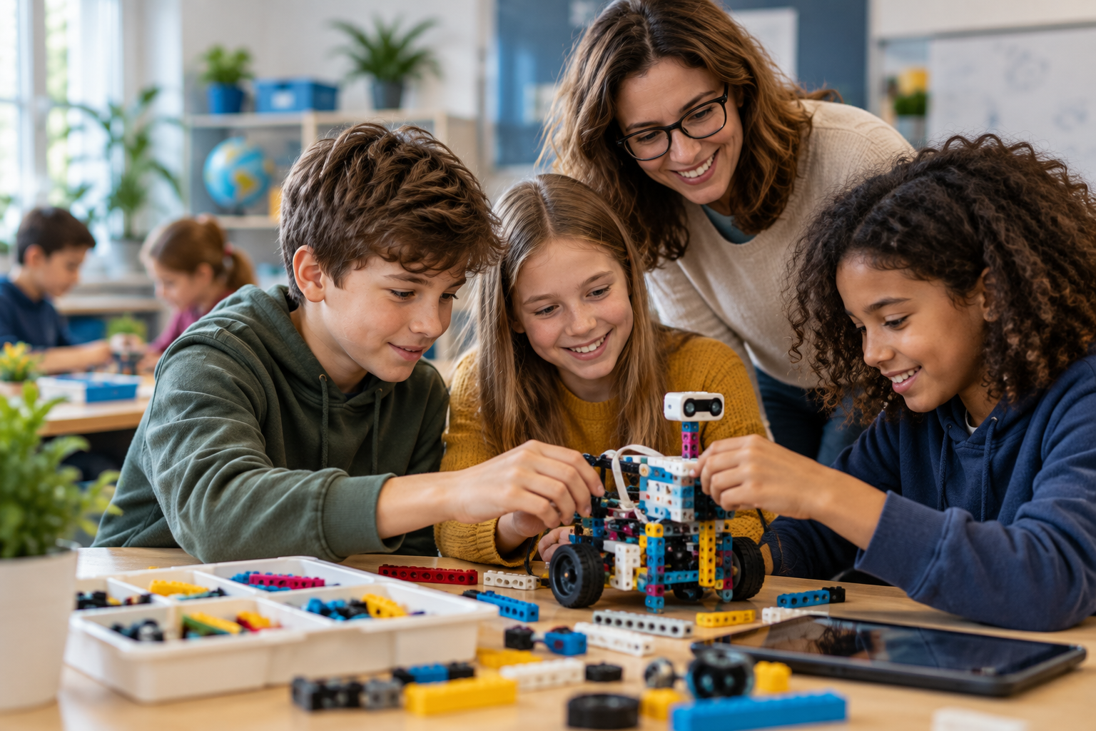 Nauczycielka i troje uczniów wspólnie budują edukacyjnego robota z kolorowych klocków przy stole w nowoczesnej klasie.