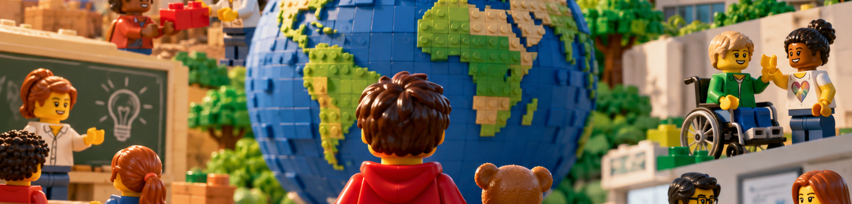 Dziecko z misiem patrzące na kulę ziemską zbudowaną z klocków, otoczoną scenami edukacji, współpracy, dostępności i działań środowiskowych.
