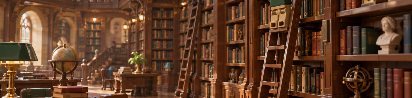 Stara wielopoziomowa biblioteka z drewnianymi regałami i drabinami; na jednej z drabin stoi ludzik LEGO i sięga po książkę.