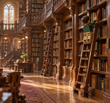 Stara wielopoziomowa biblioteka z drewnianymi regałami i drabinami; na jednej z drabin stoi ludzik LEGO i sięga po książkę.