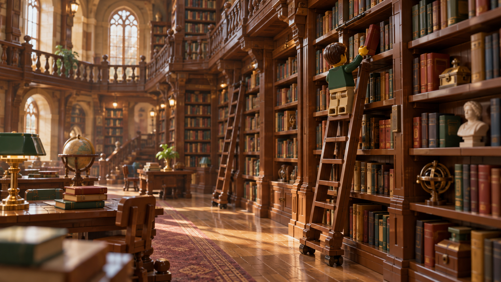 Stara wielopoziomowa biblioteka z drewnianymi regałami i drabinami; na jednej z drabin stoi ludzik LEGO i sięga po książkę.