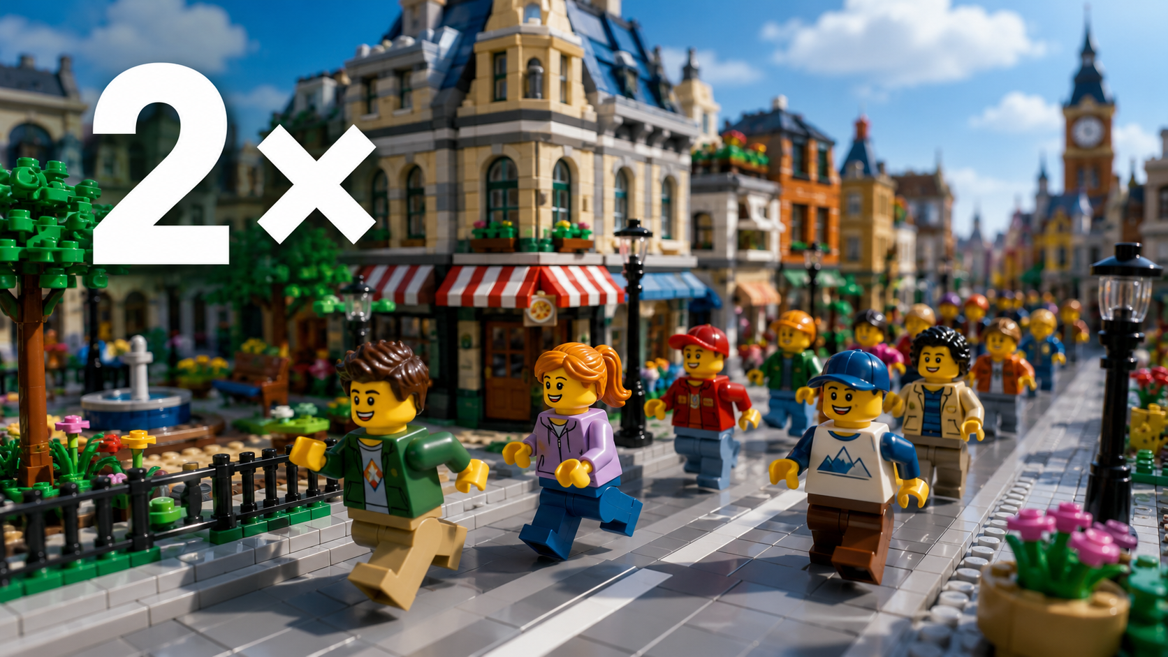 Klockowe miasto, przez którego ulicę kilka minifigurek biegnie w jednym kierunku; w lewym górnym rogu widnieje symbol „2×”.