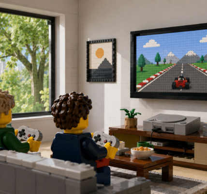 Dwie minifigurki z klocków siedzą na kanapie i grają na retro konsoli przed dużym telewizorem w jasnym salonie; za oknem widać drzewo i słońce.