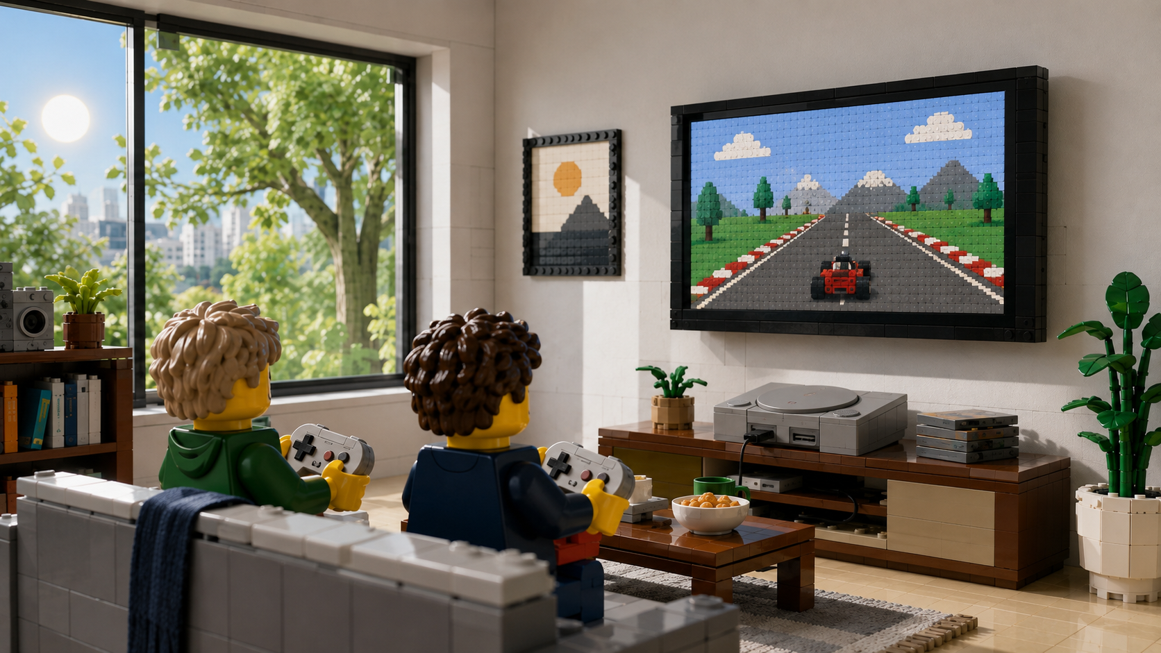 Dwie minifigurki z klocków siedzą na kanapie i grają na retro konsoli przed dużym telewizorem w jasnym salonie; za oknem widać drzewo i słońce.