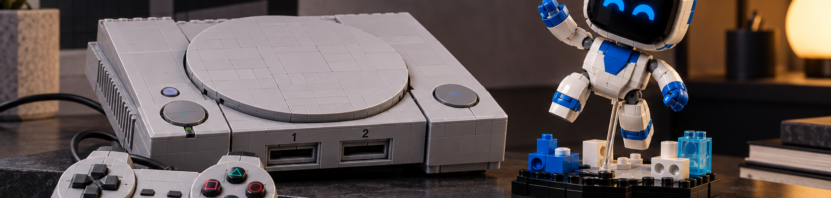 Klockowa konsola w stylu pierwszego PlayStation stoi obok małego biało-niebieskiego robota kolekcjonerskiego na ciemnym blacie.