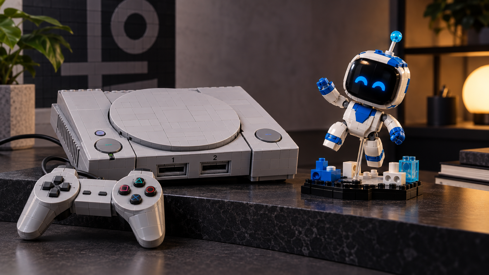 Klockowa konsola w stylu pierwszego PlayStation stoi obok małego biało-niebieskiego robota kolekcjonerskiego na ciemnym blacie.