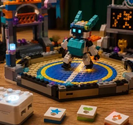 Interaktywne modele z klocków na stole, przedstawiające ideę systemu SMART Play.