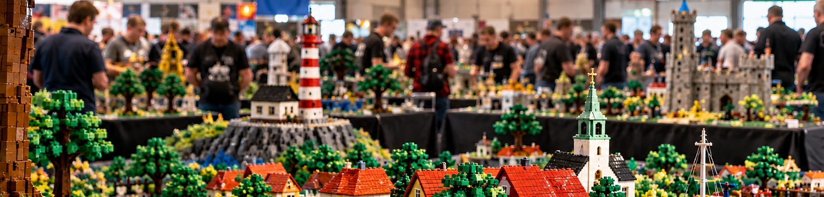 Fanowska wystawa LEGO w hali z rozbudowaną makietą duńskiego miasteczka, latarnią morską, portem i uczestnikami wydarzenia w tle.