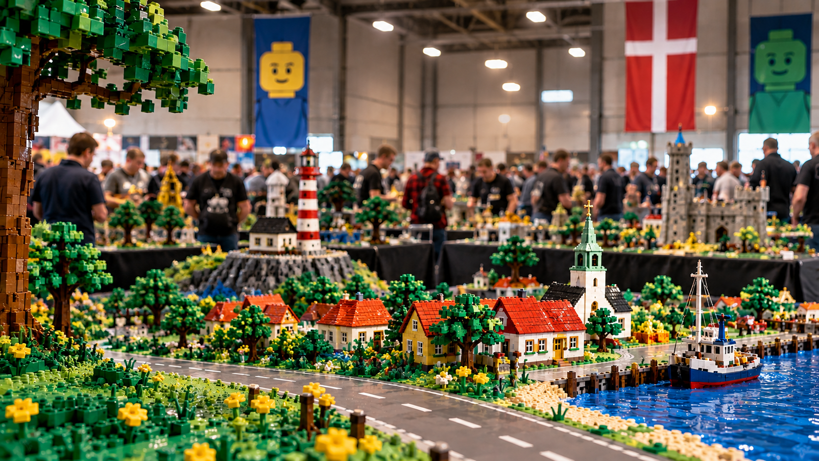 Fanowska wystawa LEGO w hali z rozbudowaną makietą duńskiego miasteczka, latarnią morską, portem i uczestnikami wydarzenia w tle.