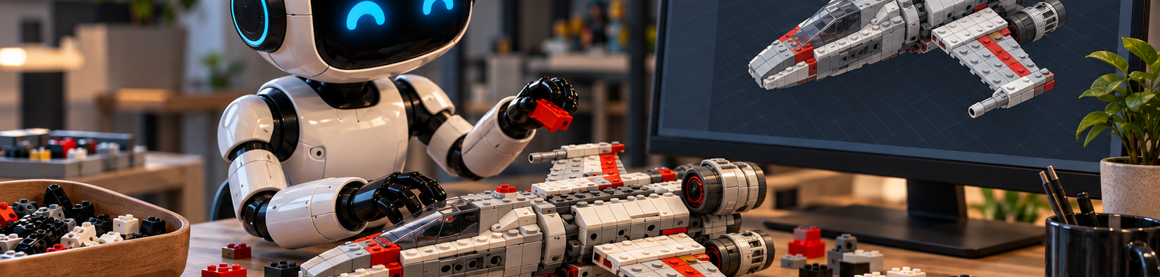 Robot AI składa model statku z klocków przy biurku, a na monitorze widoczny jest odpowiadający mu model CAD 3D.