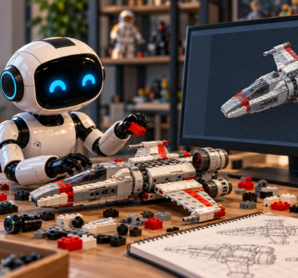 Robot AI składa model statku z klocków przy biurku, a na monitorze widoczny jest odpowiadający mu model CAD 3D.