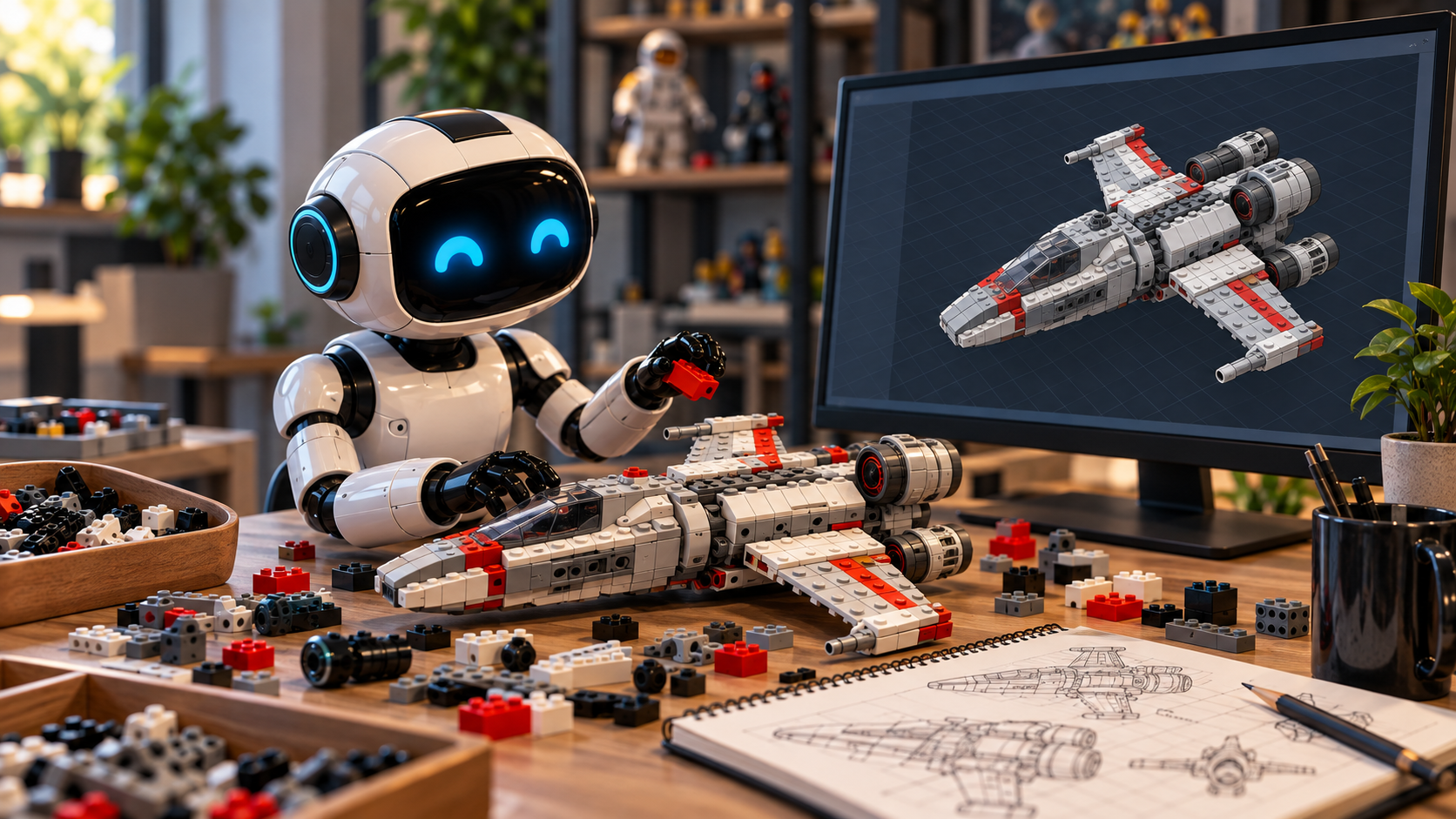 Robot AI składa model statku z klocków przy biurku, a na monitorze widoczny jest odpowiadający mu model CAD 3D.