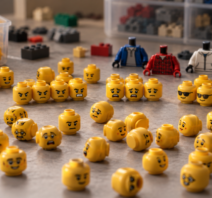 Na stole leżą rozsypane żółte główki minifigurek z różnymi minami; część jest posegregowana w grupy, a za nimi stoją korpusy figurek i pojemniki z częściami.