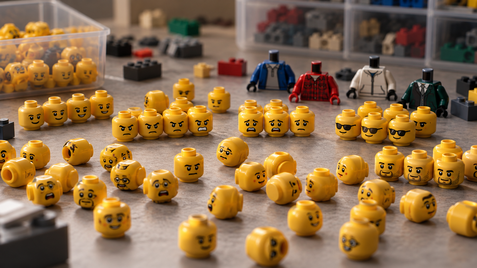 Na stole leżą rozsypane żółte główki minifigurek z różnymi minami; część jest posegregowana w grupy, a za nimi stoją korpusy figurek i pojemniki z częściami.