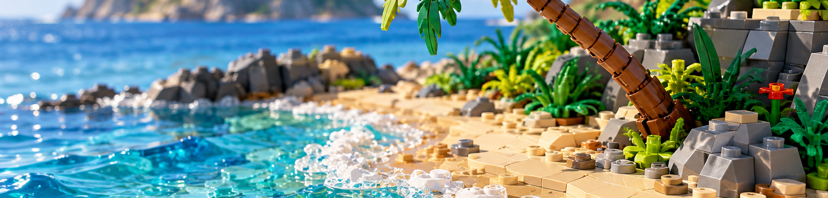 Tropikalna plaża z klocków z turkusową wodą, białą pianą fal, jasnym piaskiem, skałami i pochyloną palmą w słonecznym świetle.