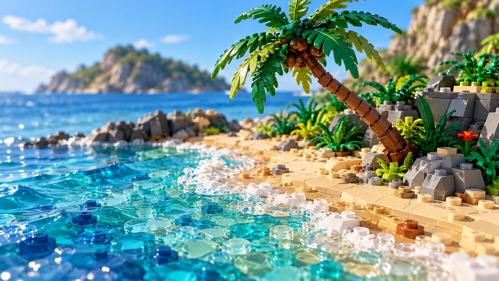 Tropikalna plaża z klocków z turkusową wodą, białą pianą fal, jasnym piaskiem, skałami i pochyloną palmą w słonecznym świetle.