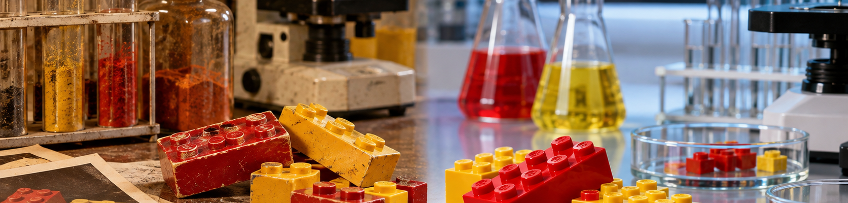 Czerwone i żółte elementy z klocków na laboratoryjnym stole, zestawione między starszym sprzętem z lat 70. a nowoczesnym laboratorium.