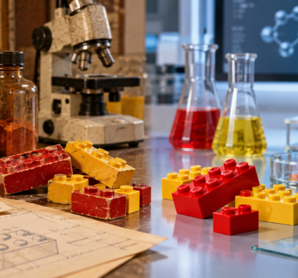 Czerwone i żółte elementy z klocków na laboratoryjnym stole, zestawione między starszym sprzętem z lat 70. a nowoczesnym laboratorium.