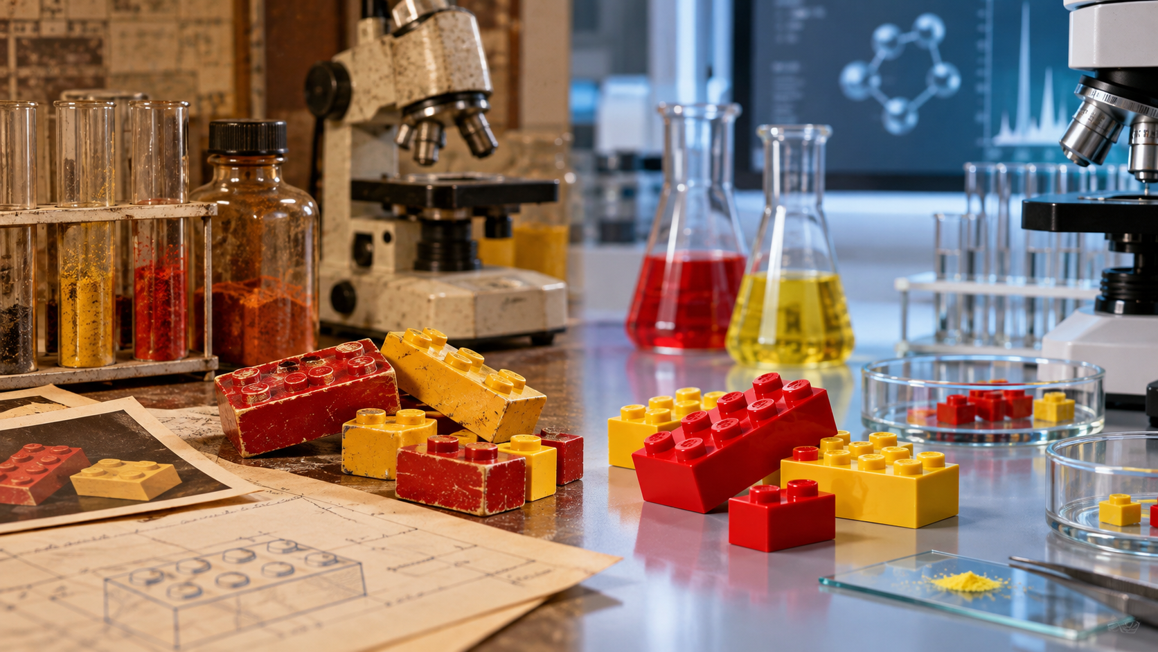 Czerwone i żółte elementy z klocków na laboratoryjnym stole, zestawione między starszym sprzętem z lat 70. a nowoczesnym laboratorium.