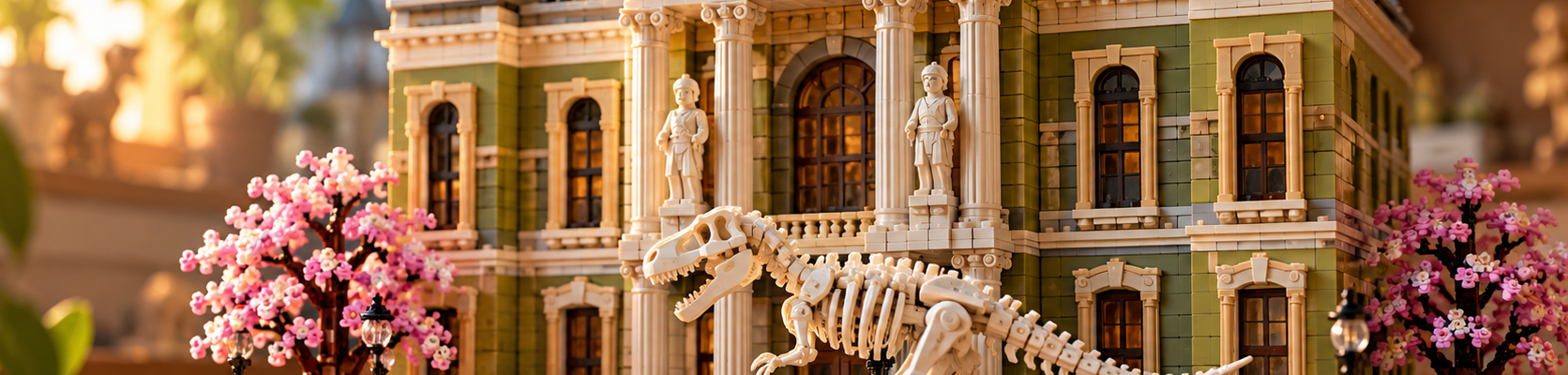 Stylizowana konstrukcja z klocków przedstawiająca muzeum historii naturalnej z dużym szkieletem dinozaura przed wejściem, bez napisów i logotypów.