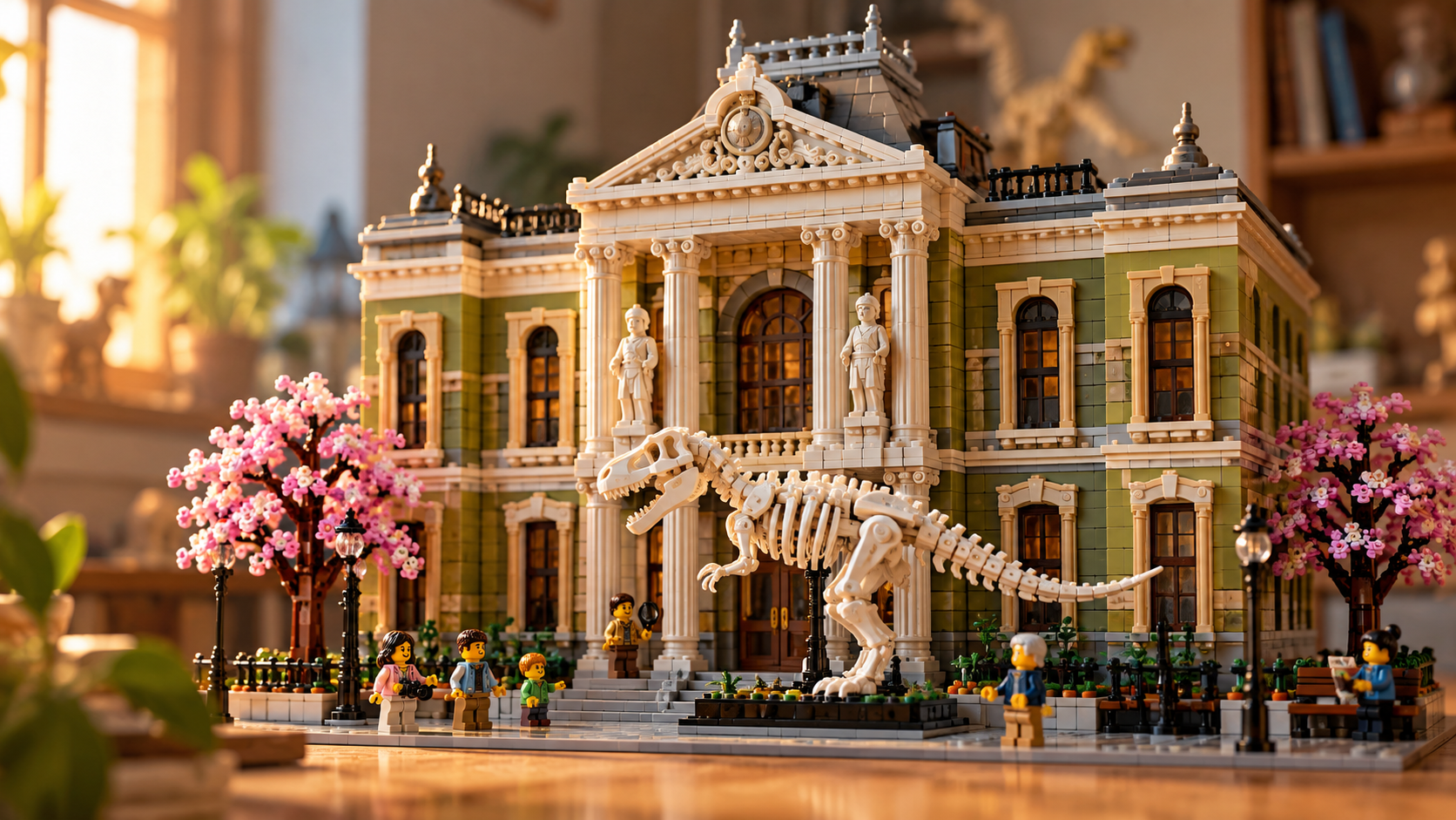 Stylizowana konstrukcja z klocków przedstawiająca muzeum historii naturalnej z dużym szkieletem dinozaura przed wejściem, bez napisów i logotypów.
