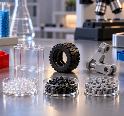 Laboratoryjny stół z różnymi typami elementów z klocków i próbkami granulatów tworzyw: zwykłym klockiem, przezroczystą szybą, oponą, zawiasem i transparentnym elementem.