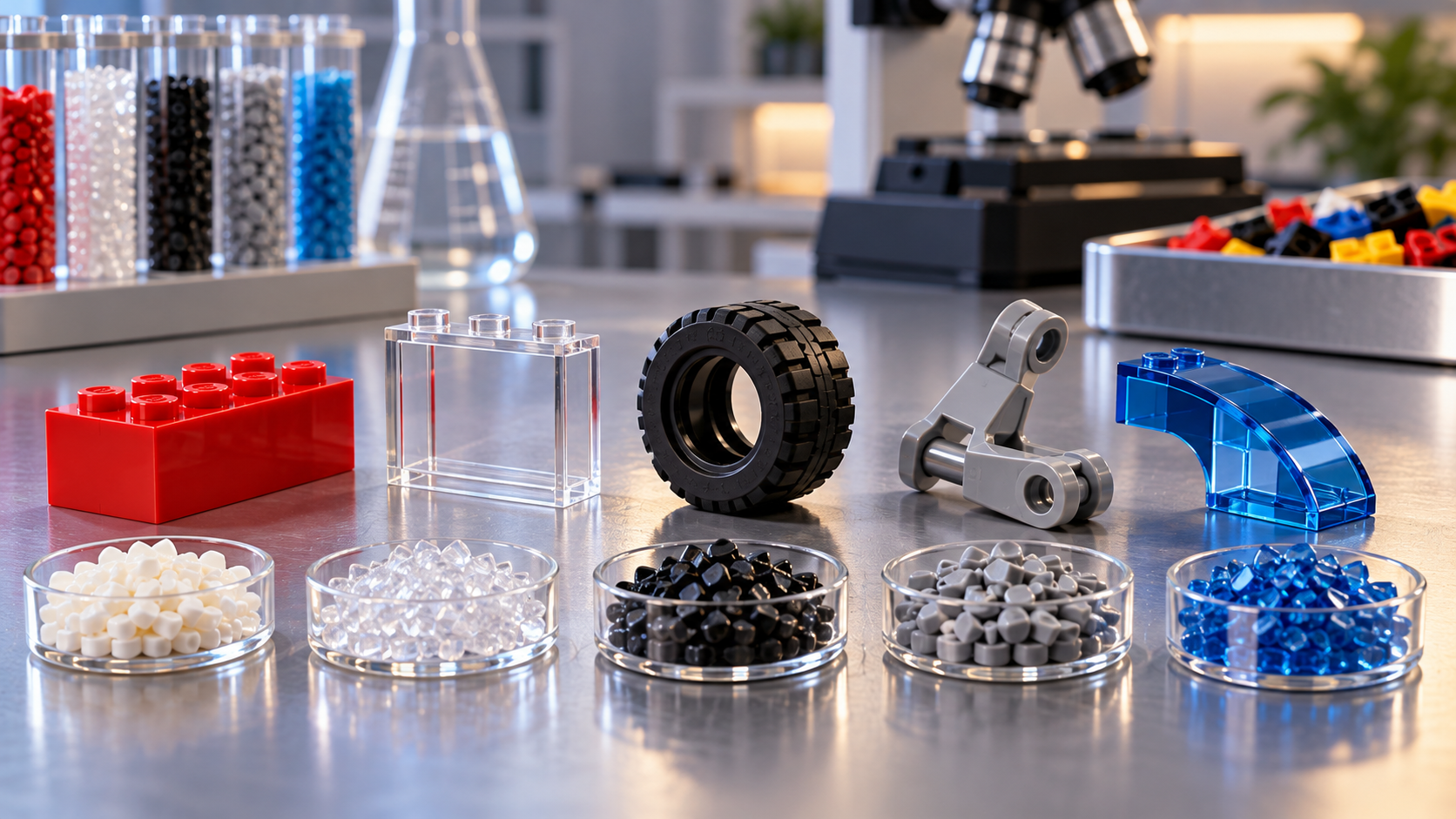 Laboratoryjny stół z różnymi typami elementów z klocków i próbkami granulatów tworzyw: zwykłym klockiem, przezroczystą szybą, oponą, zawiasem i transparentnym elementem.