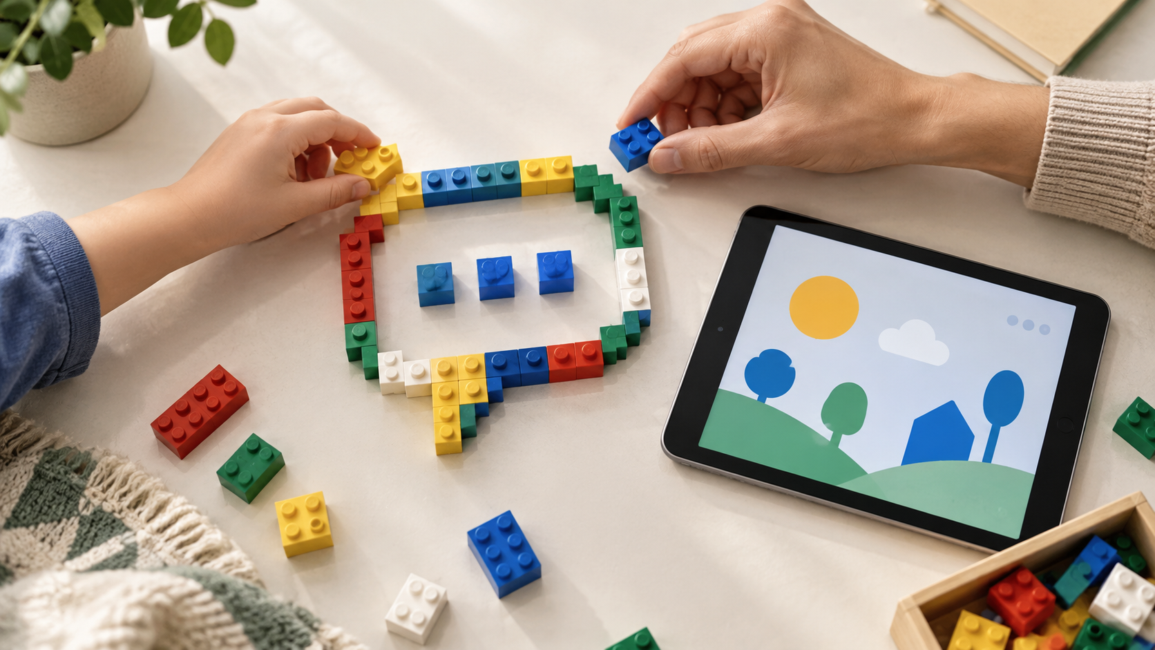 Dziecko i dorosły układają z kolorowych klocków symbol rozmowy obok tabletu.