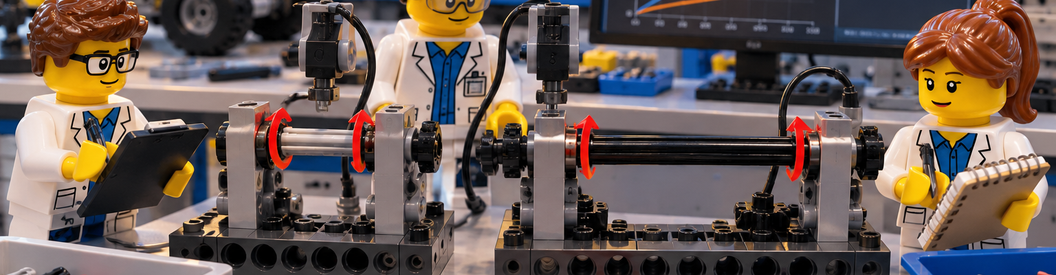 Laboratoryjne ludziki porównują skręcanie krótkiej i długiej osi Technic na dwóch stanowiskach pomiarowych z komputerem, suwmiarką i notatnikami.