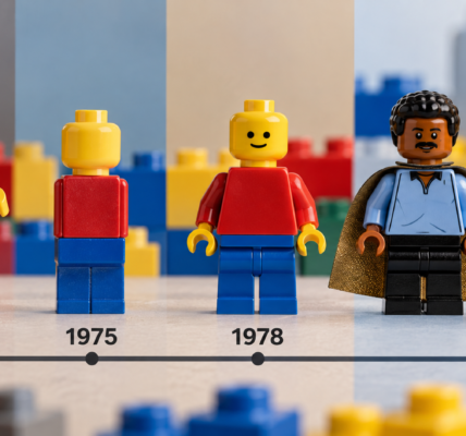 Cztery etapy ewolucji figurek z klocków: większa figura z 1974 roku, uproszczona wersja z 1975, klasyczna żółta minifigurka z 1978 oraz postacie z naturalnymi odcieniami skóry z 2003 roku.